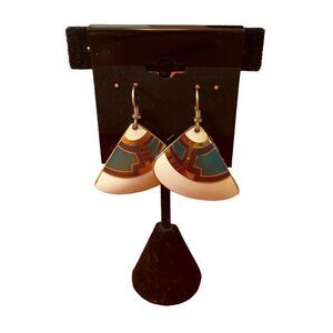 Signed Laurel Birch Vintage Art Deco style earrings in creme, teal & Gold tones.